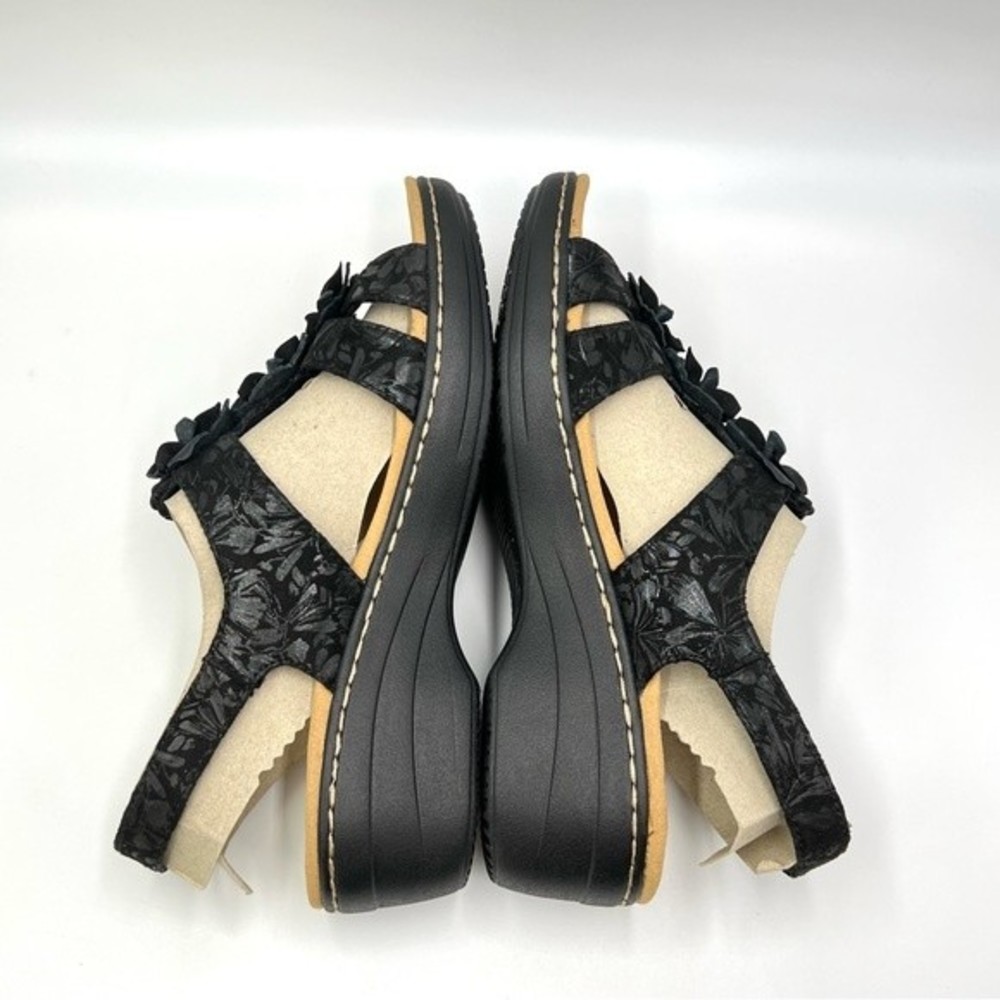 Clarks Women's Merliah Sheryl Black Leather Floral T-Strap Wedge Sandals Shoes 9 - Picture 8 of 12